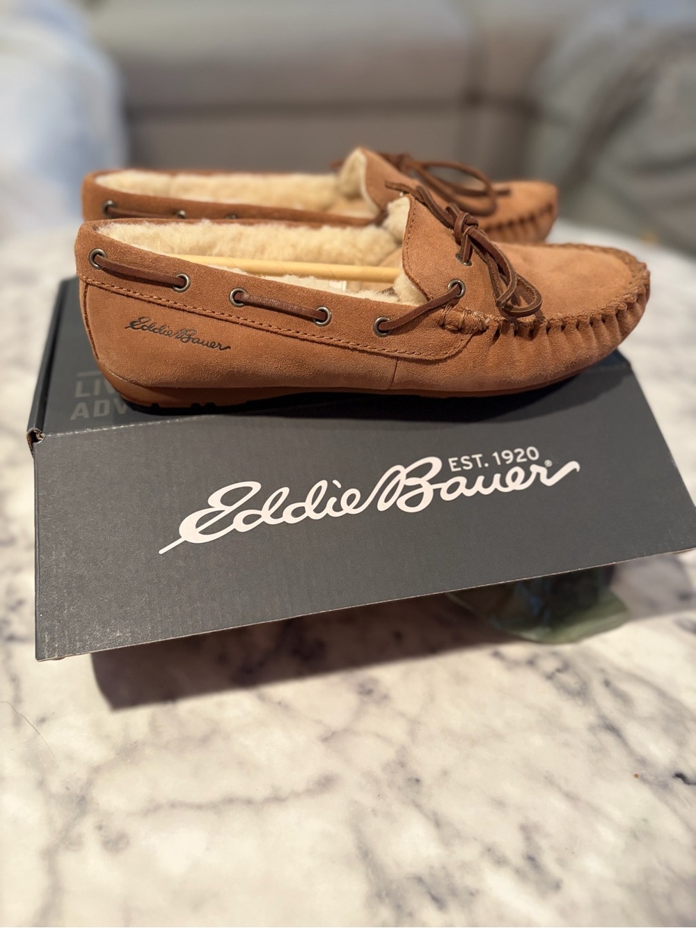 Eddie Bauer Tan Suede Shearling-Lined Moccasin Slippers